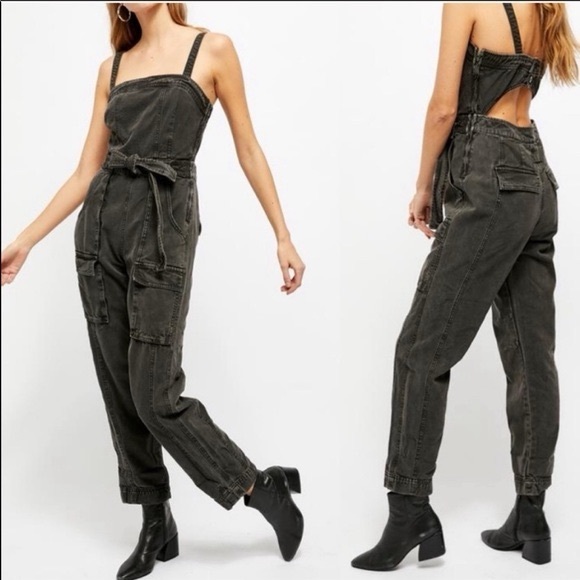 Free People Pants - Free People Go West Denim cargo jumpsuit washed black medium